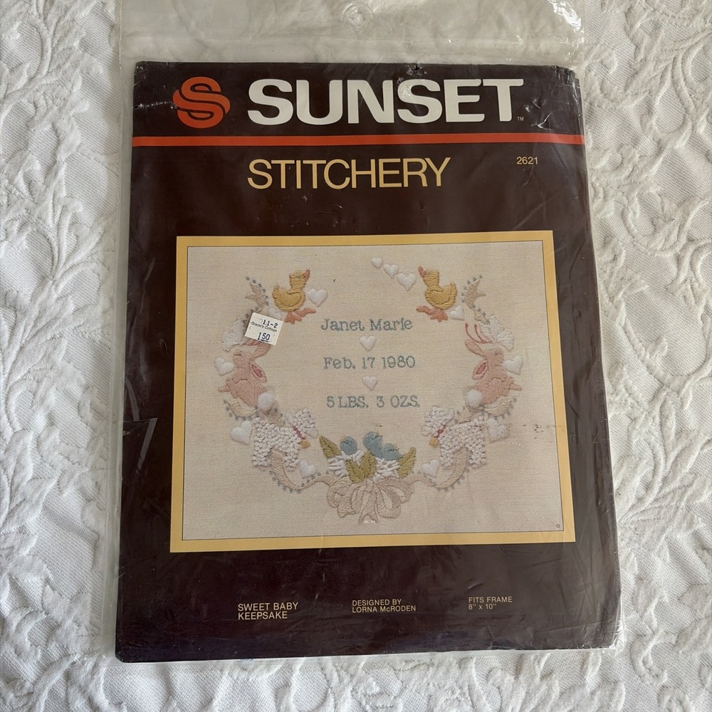 Vtg Sunset Stitchery Sweet Baby Keepsake 2621 Embroidery Kit Customizable NEW